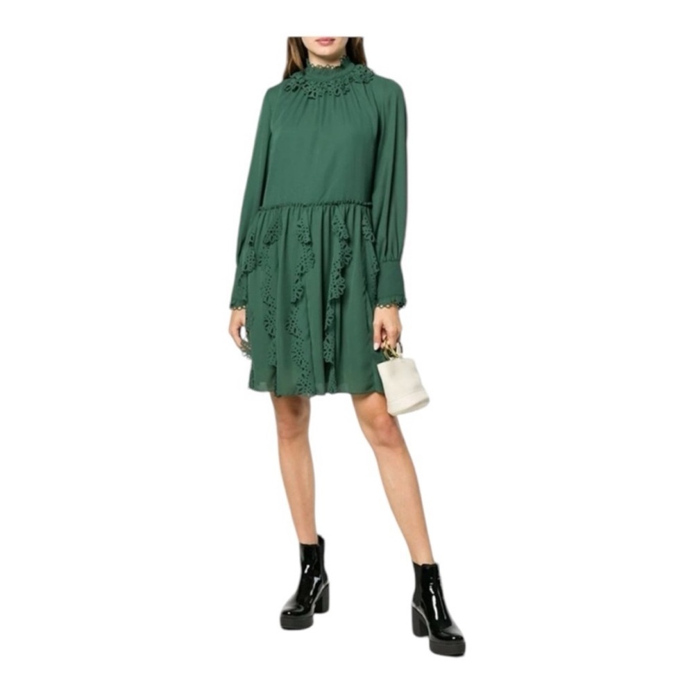 See by Chloe Sz 36 Laser Cut Ruffle Dark Green Dress - Picture 4 of 9